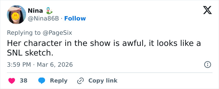 Screenshot of a social media post criticizing a character, related to Daryl Hannah's essay on JFK Jr. and Love Story.