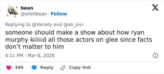 Tweet by user bean criticizing Ryan Murphy with 346 likes, discussing actor treatment on Glee in a reply to Variety and ali_sivi.