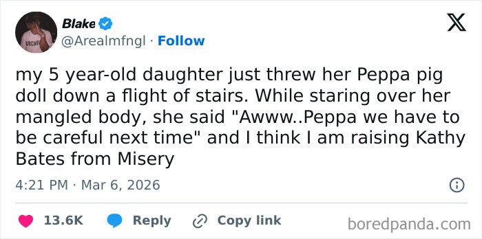 Tweet from a parent humorously sharing a funny and honest parenting struggle involving a child's toy and Peppa Pig doll.