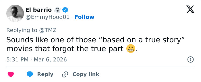 Tweet by user El barrio responding to TMZ about a movie based on a true story, referencing Daryl Hannah and JFK Jr. in an essay.