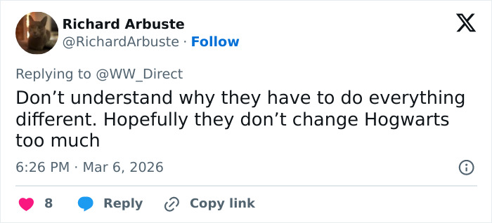Tweet discussing concerns about changes to Hogwarts, related to a man sneaking a drone over Harry Potter set revealing details.