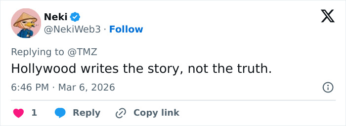 Screenshot of a social media reply criticizing Hollywood&rsquo;s portrayal, related to Daryl Hannah breaking silence on JFK Jr. topic.