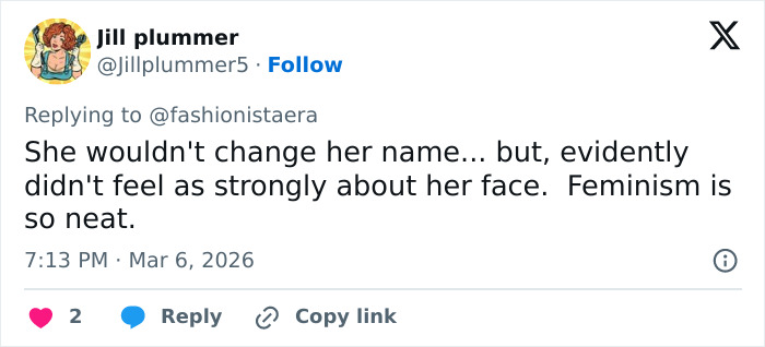 Tweet from Jill Plummer discussing Eva Mendes's face and mentioning feminism in a social media reply about plastic surgeons.