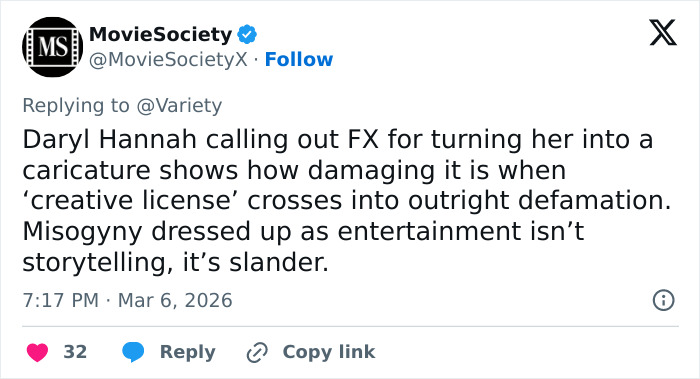 Tweet from MovieSocietyX showing Daryl Hannah criticizing FX for defamation and misogyny in portrayal related to JFK Jr.