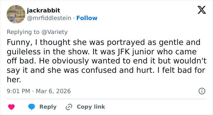 Tweet discussing Daryl Hannah&rsquo;s perspective on JFK Jr. and the portrayal in a controversial love story.