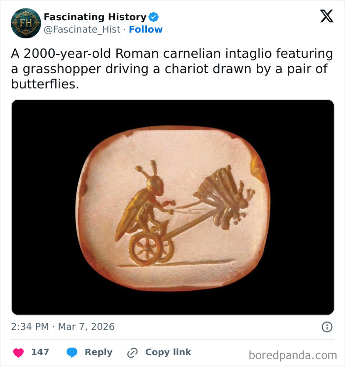 Roman carnelian intaglio depicting a grasshopper driving a chariot pulled by butterflies, an interesting historical treasure.