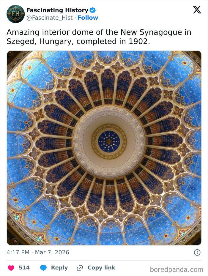 Intricate interior dome of the New Synagogue in Szeged, Hungary showcasing historical treasures and advanced past architecture.