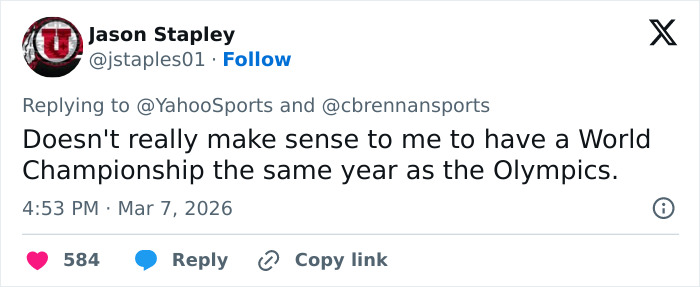 Tweet from Jason Stapley commenting on the timing of World Championship and Olympics in the same year, discussing Alysa Liu.