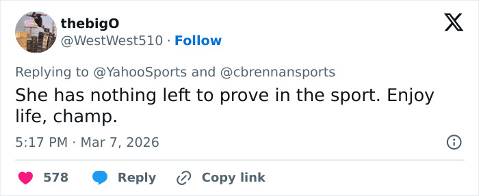 Tweet about Olympic hero Alysa Liu dropping out of World Championships, reflecting fame&rsquo;s impact on her career.