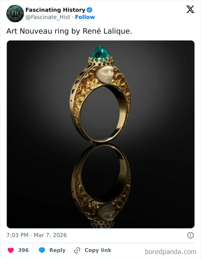 Art Nouveau ring by René Lalique reflecting advanced historical treasures craftsmanship and design.