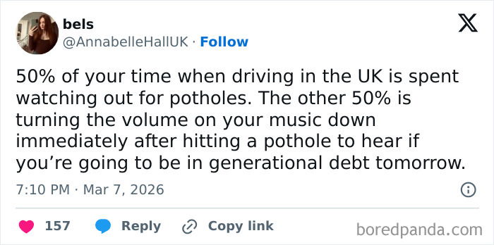 Tweet humorously describing driving in the UK, focusing on potholes and the unique experience of UK road conditions.