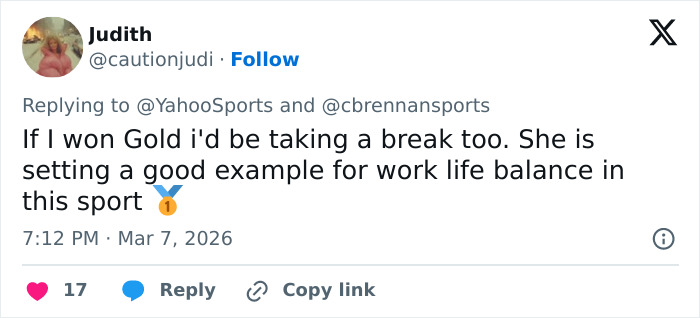 Twitter reply praising Olympic hero Alysa Liu for setting a good example of work-life balance after dropping out of World Championships.