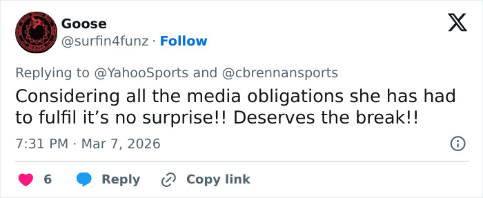 Tweet discussing Olympic hero Alysa Liu's media obligations and the pressure leading to her World Championships dropout.