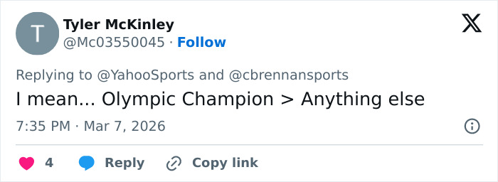 Tweet by Tyler McKinley about Olympic champion Alysa Liu discussing the price of fame and dropping out of World Championships.