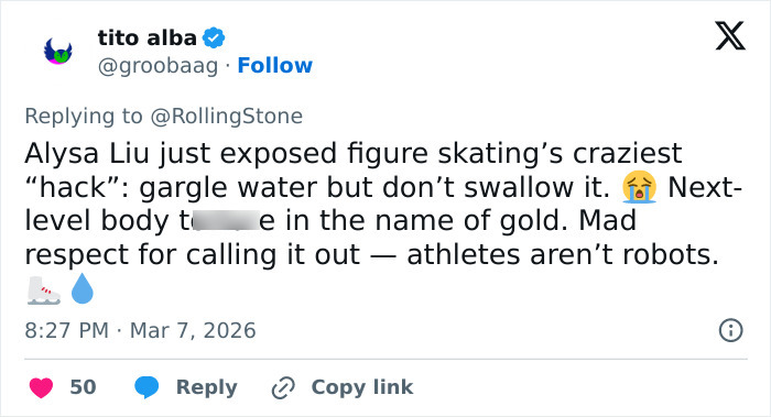 Tweet about Olympic hero Alysa Liu revealing extreme figure skating rules and their impact on athletes' health and retirement.