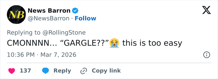 Tweet from News Barron responding to RollingStone with a crying emoji about the insane rules driving Alysa Liu to retire.