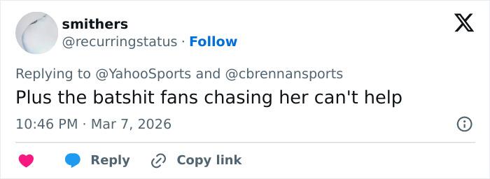 Twitter user replying to a sports discussion about Olympic hero Alysa Liu dropping out of World Championships.