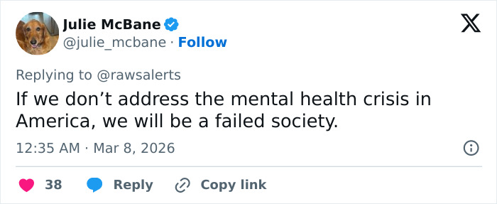 Tweet by Julie McBane discussing the mental health crisis in America and its societal impact in a social media post.