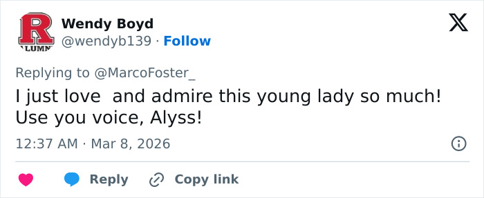 Screenshot of a Twitter reply praising Olympic hero Alysa Liu and encouraging her to use her voice after retiring from figure skating.