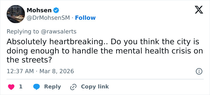 Tweet discussing the mental health crisis in downtown LA after a grisly scene where a man loses his life.