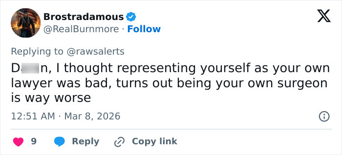 Tweet from Brostradamous joking about the dangers of self-surgery after a grisly scene in downtown LA incident.