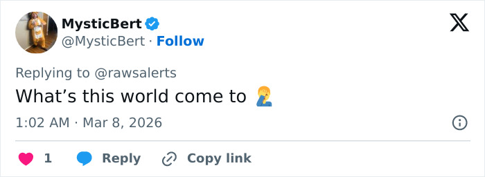 Tweet from MysticBert replying to rawsalerts with the text expressing disbelief about a grisly scene in downtown LA incident.