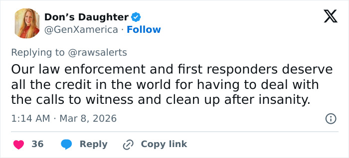 Tweet from Don’s Daughter praising law enforcement and first responders handling a grisly scene in downtown LA after a man loses his life.