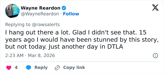 Screenshot of a tweet discussing a grisly scene in downtown LA involving a man losing his life after removing his own package.