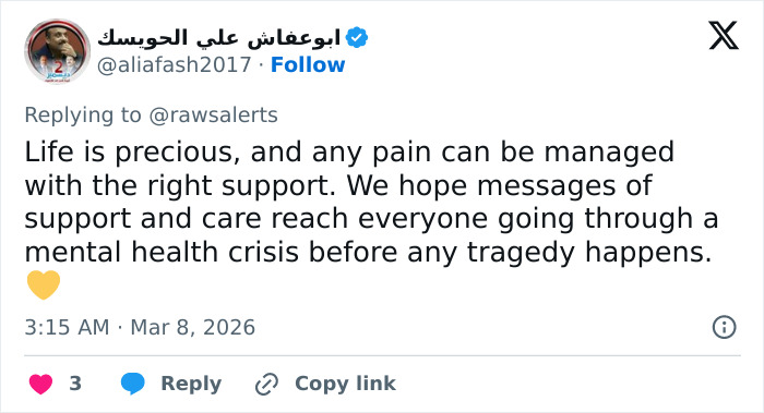 Tweet discussing mental health support and crisis prevention, shared amid grisly scene in downtown LA incident.