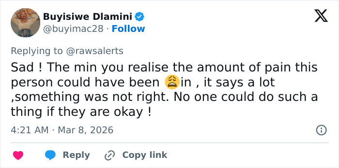 Tweet showing a reaction to a grisly scene in downtown LA where a man loses his life after removing his own package.