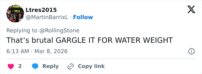 Twitter reply from user Ltres2015 responding to RollingStone with a comment about brutal water weight methods in figure skating.