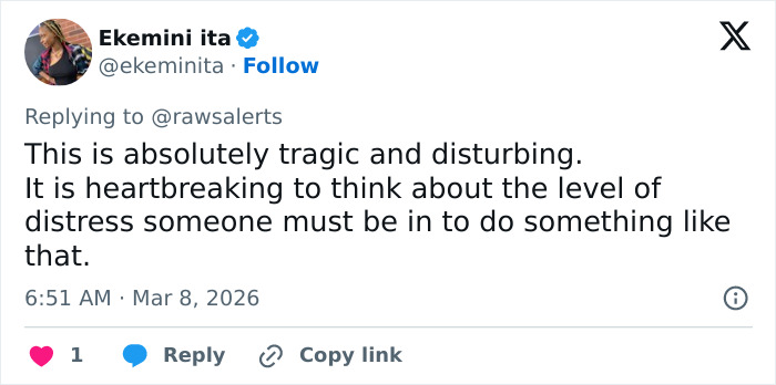 Tweet from Ekemini Ita reacting to a grisly scene in downtown LA involving a man losing his life after removing his own package.
