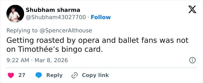 Tweet discussing backlash and meme status of Timoth&eacute;e Chalamet related to his opera and ballet comments.