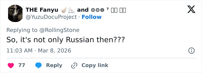 Tweet by user THE Fanyu replying to RollingStone questioning if it's not only Russian skaters ending careers, related to Alysa Liu figure skating rules.