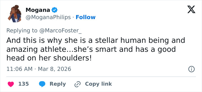 Tweet praising Olympic hero Alysa Liu as a smart and amazing athlete with a good head on her shoulders.