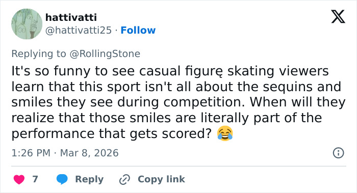 Tweet discussing figure skating performance and scoring, reflecting insights related to Olympic hero Alysa Liu and her rules.