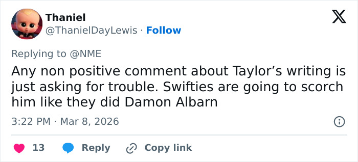 Tweet discussing backlash after Taylor Swift jab and White Stripes vocalist Jack White breaking silence on the issue.