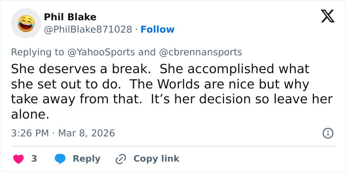 Screenshot of a tweet discussing Olympic hero Alysa Liu&rsquo;s decision to drop out of the World Championships.