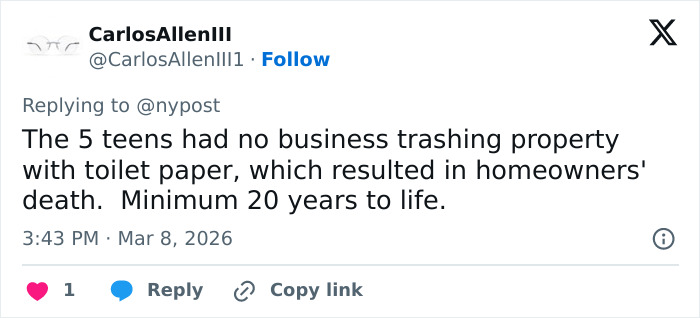 Tweet discussing the teacher losing his life after prank with toilet paper, leading to 5 teens arrested for the incident.