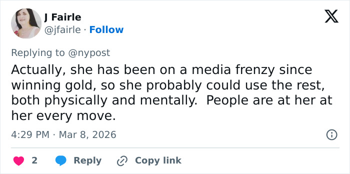 Tweet by J Fairle discussing US Olympic hero Alysa Liu’s media frenzy and need for rest after winning gold.