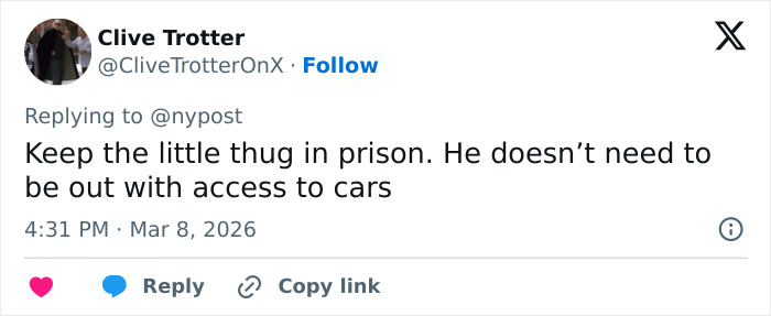 Tweet from Clive Trotter expressing opinion about keeping a thug in prison related to teacher prank incident.