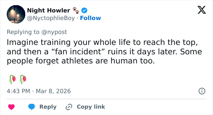 Tweet discussing Alysa Liu’s withdrawal from World Championships after a frightening airport fan incident affecting the athlete.