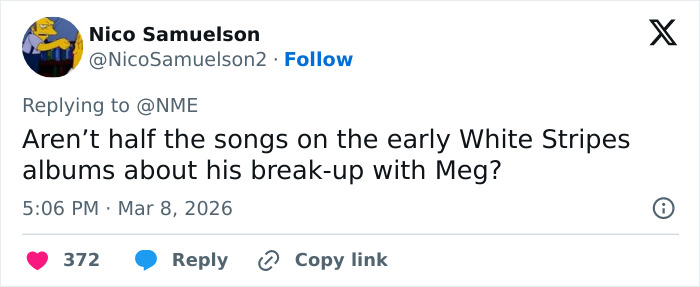 Tweet by Nico Samuelson discussing the White Stripes vocalist Jack White and lyrics about his break-up with Meg.