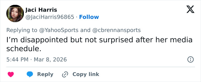 Tweet from user Jaci Harris expressing disappointment but not surprise after Olympic hero Alysa Liu's media schedule related to dropping out of World Championships.