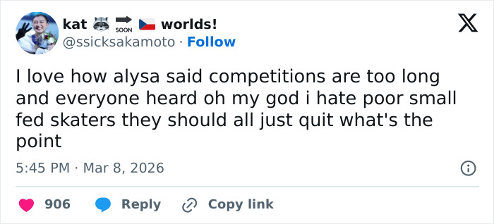 Tweet showing a fan discussing Olympic hero Alysa Liu’s comments on figure skating competition challenges.