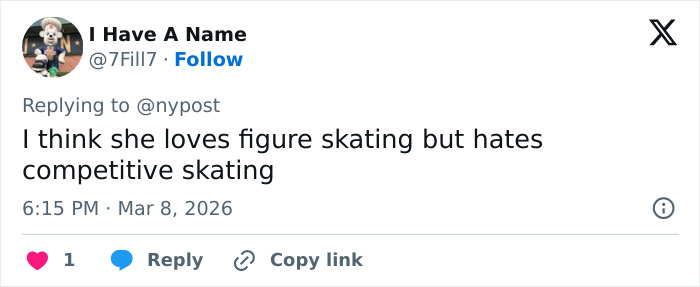Tweet discussing Alysa Liu&rsquo;s feelings about figure skating and competitive skating related to fame and pressure in sports.