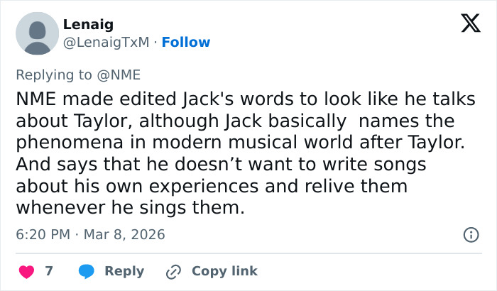 Tweet from user Lenaig addressing Jack White's comments related to Taylor Swift backlash and his musical perspective.