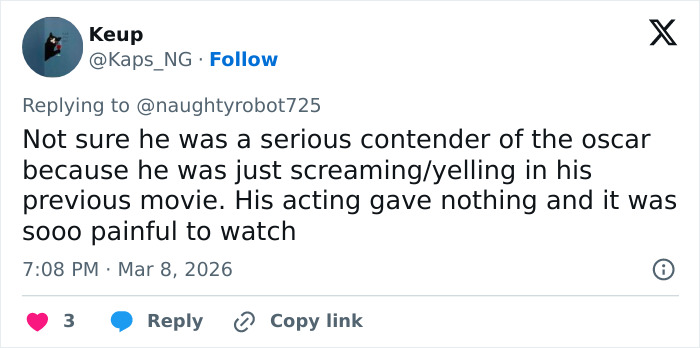 Tweet criticizing Timoth&eacute;e Chalamet&rsquo;s acting and Oscar contention amid backlash on opera and ballet comments.