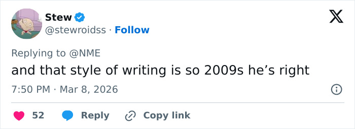 Screenshot of a tweet by Stew replying to NME about Jack White and Taylor Swift backlash, posted on March 8, 2026.
