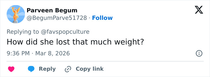 Tweet by Parveen Begum asking how Euphoria&rsquo;s Barbie Ferreira lost that much weight, sparking debate over her dramatic transformation.